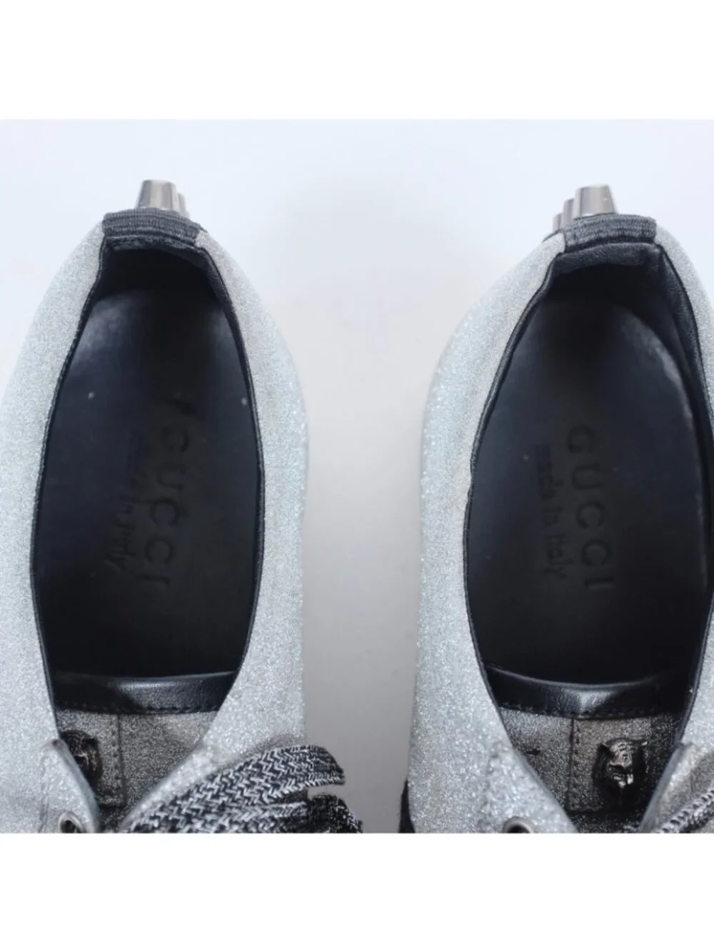 GUCCI Ace Glitter Trainers Sneakers 9.5 D Silver Web